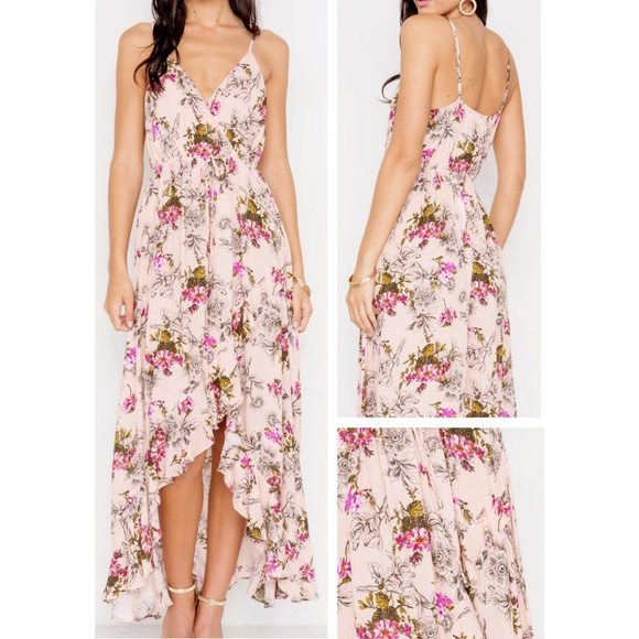 Nude Pink Floral V-Neck Ruffle Skirt Maxi Dress - Picture 5 of 8